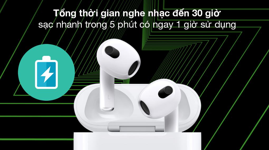 Tai nghe Bluetooth AirPods 3 Apple MME73 Trắng - Sử dụng kết hợp housing và hộp sạc nghe nhạc đến 30 giờ liên tục, hỗ trợ sạc không dây hiện đại